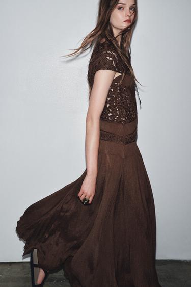 Zara ZW COLLECTION COMBINATION CROCHET DRESS - Chocolate brown