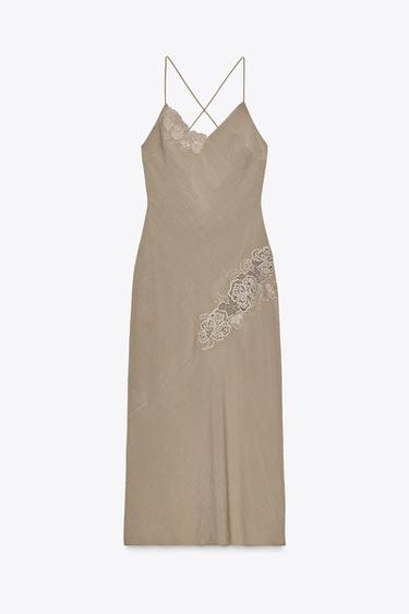 Zara EMBROIDERED MIDI SLIP DRESS - Brown / Taupe
