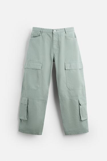 PANTALÓN DENIM CARGO BOLSILLOS - Khaki de Zara