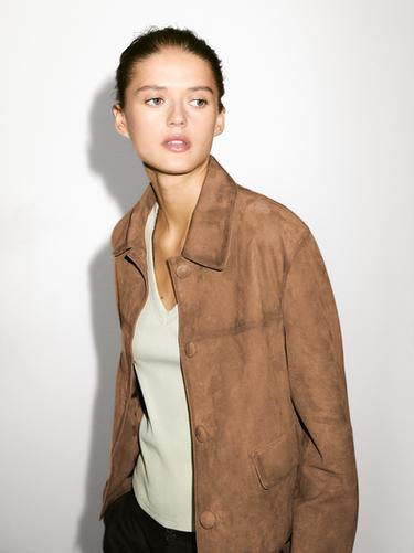 Zara Suede leather jacket with lined buttons - Brown / White