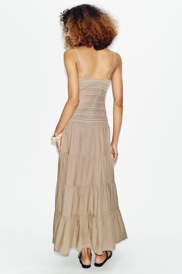 EMBROIDERED SMOCKED MIDI DRESS - Dark beige by Zara - Image 5