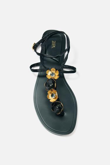 FLORAL FLAT SANDALS - Black by Zara