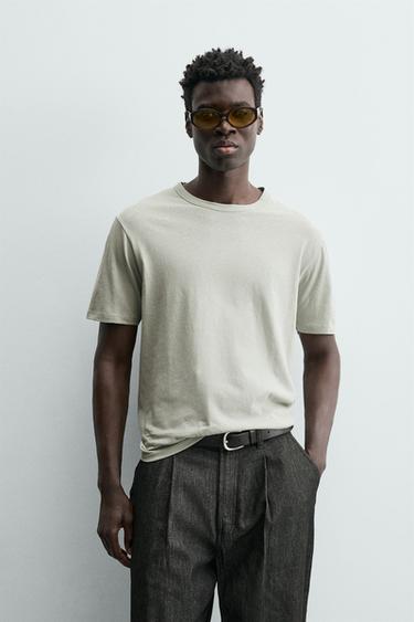 Zara RELAXED FIT LINEN BLEND T-SHIRT - Light green