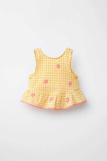 TOP CARREAUX VICHY FLEURS BRODÉES - Jaune de Zara - Image 0