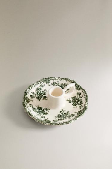 FLORAL EARTHENWARE CANDLEHOLDER — Dark olive 2