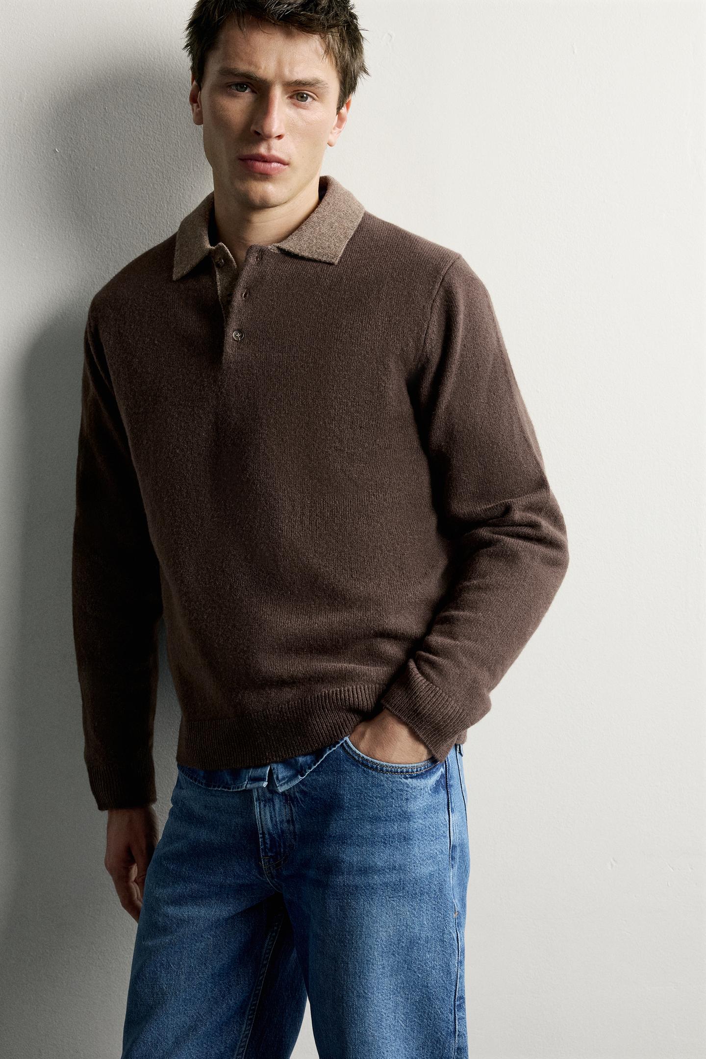 Мужское поло Zara 100% Wool Contrast Knit Polo, цвет: Коричневый — фото 6