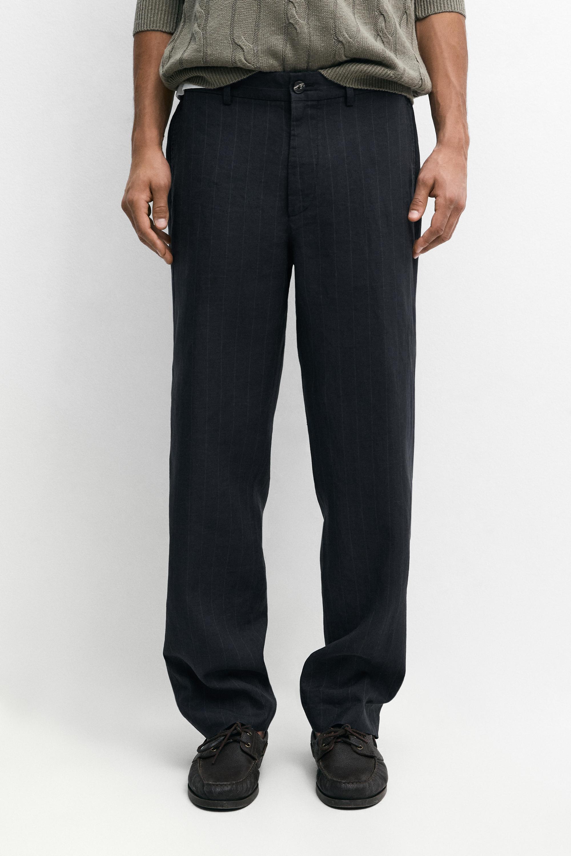 Linen trousers with striped detail — Navy blue