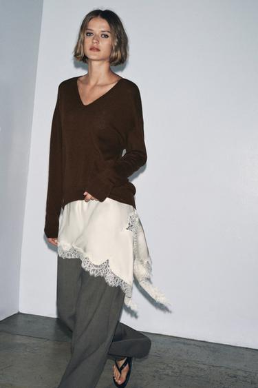 Zara 100% EXTRA-SOFT WOOL V-NECK SWEATER - Brown