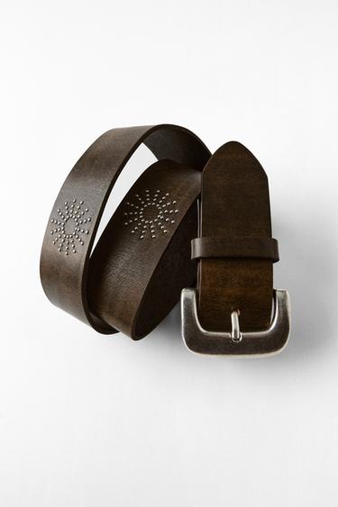 Zara 100% LEATHER STUDDED BELT - Brown