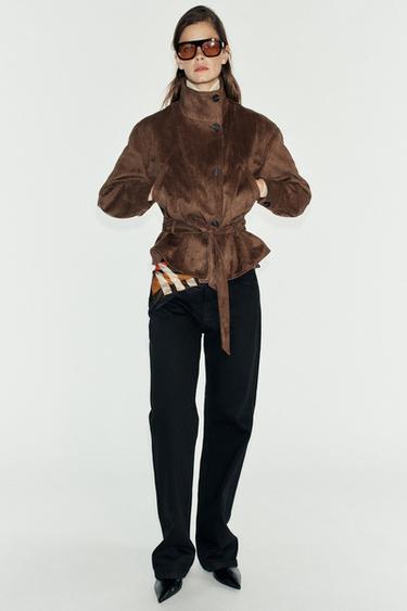 FAUX SUEDE BELTED JACKET — Dark brown 2