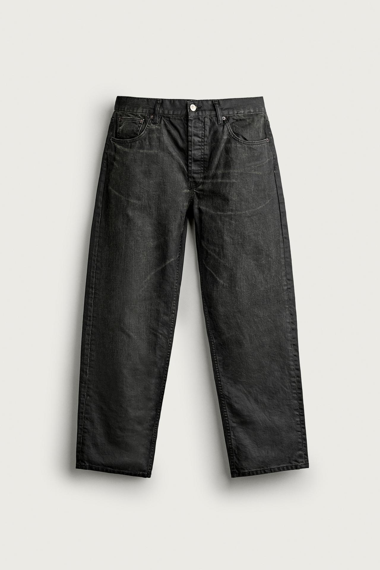 WAXED-EFFECT STRAIGHT-FIT JEANS — Charcoal