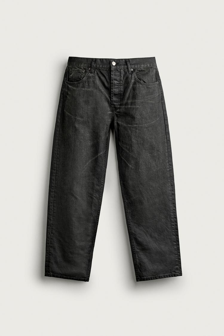 WAXED-EFFECT STRAIGHT-FIT JEANS — Charcoal