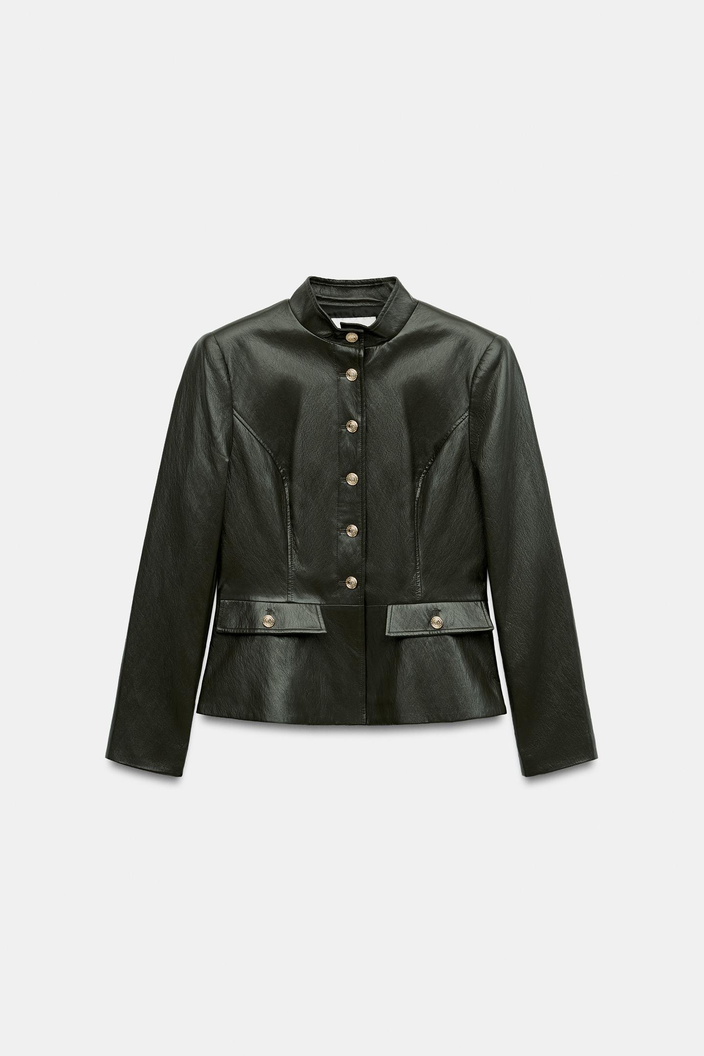 Женская куртка Zara Faux Leather Jacket with Shoulder Pads, цвет: Тёмный хаки — фото 8