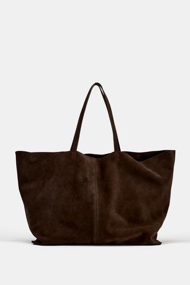 SAC MAXI SHOPPER EN CUIR VELOURS - Marron de Zara