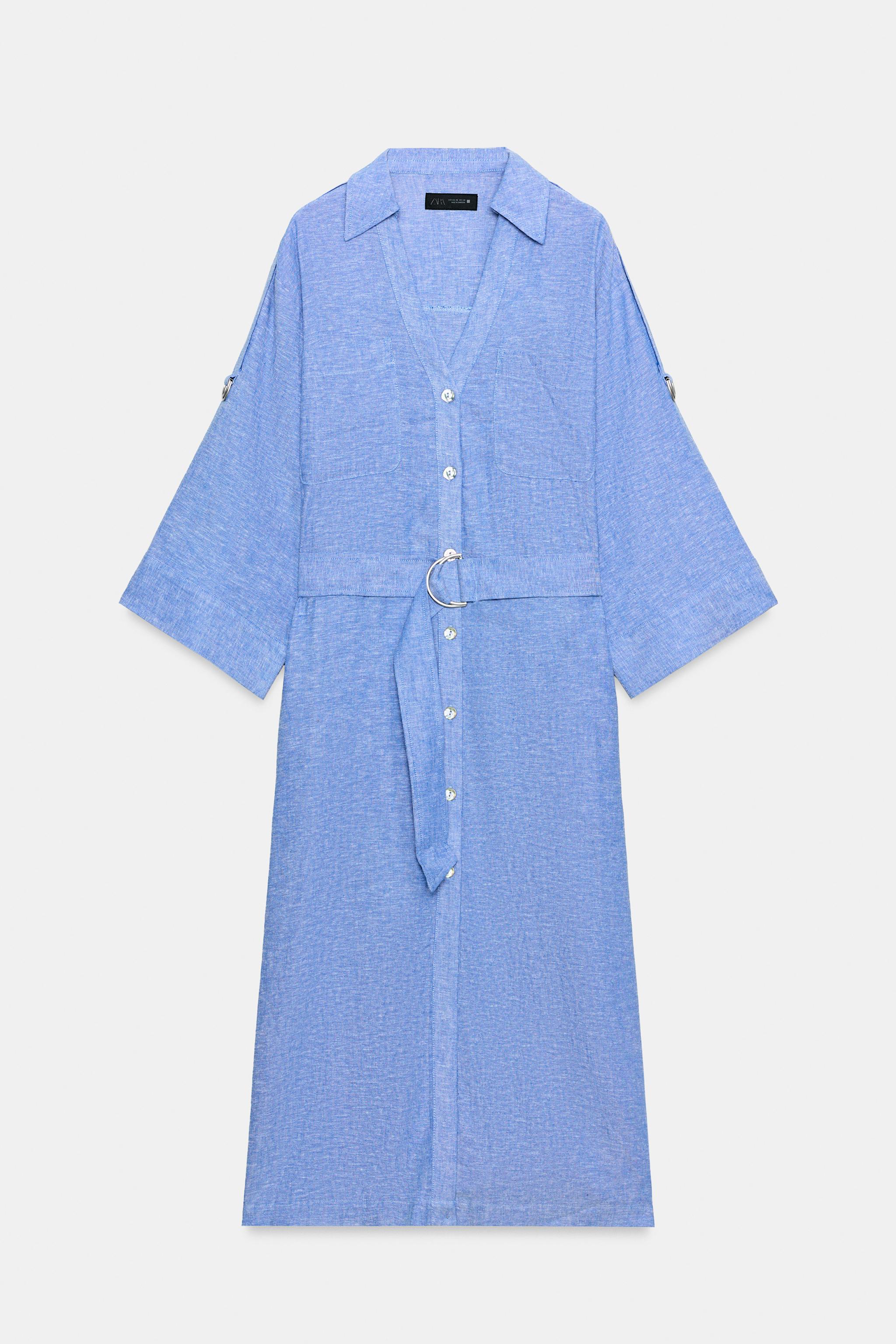 BELTED LINEN BLEND MIDI DRESS - Blue | ZARA United States BELTED LINEN BLEND MIDI DRESS - Blue | ZARA United States