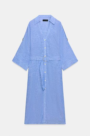 リネンベルト付きミディワンピースブルーZaraのリネンベルト付きミディワンピース - ブルー 