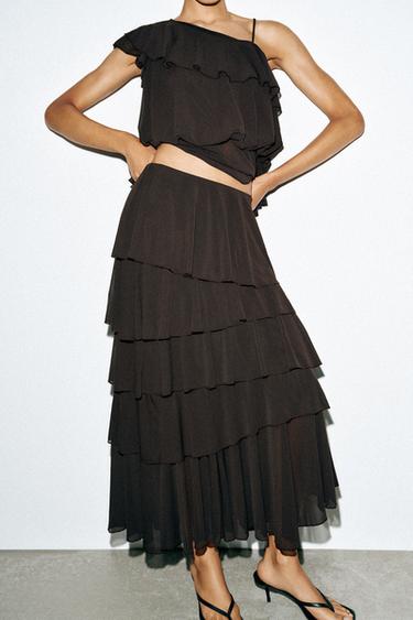 RUFFLED MIDI SKIRT - Dark brown by Zara