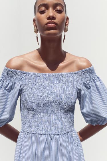 ROBE MIDI RAYURES BRODÉE - Bleu / Indigo de Zara - Image 3