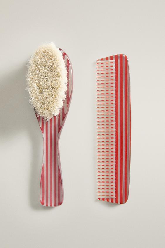Zara BABY STRIPED BRUSH AND COMB SET - Brick - Image 0