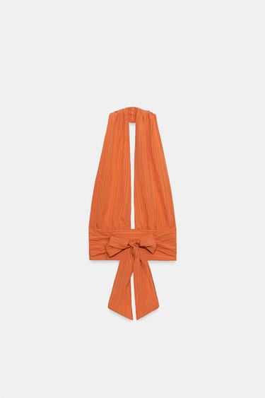 ТОП HALTER ИЗ ЛЕГКОЙ ТКАНИ В ПОЛОСКУ С ЗАВЯЗКАМИ — ТЕМНО-ОРАНЖЕВЫЙ от Zara