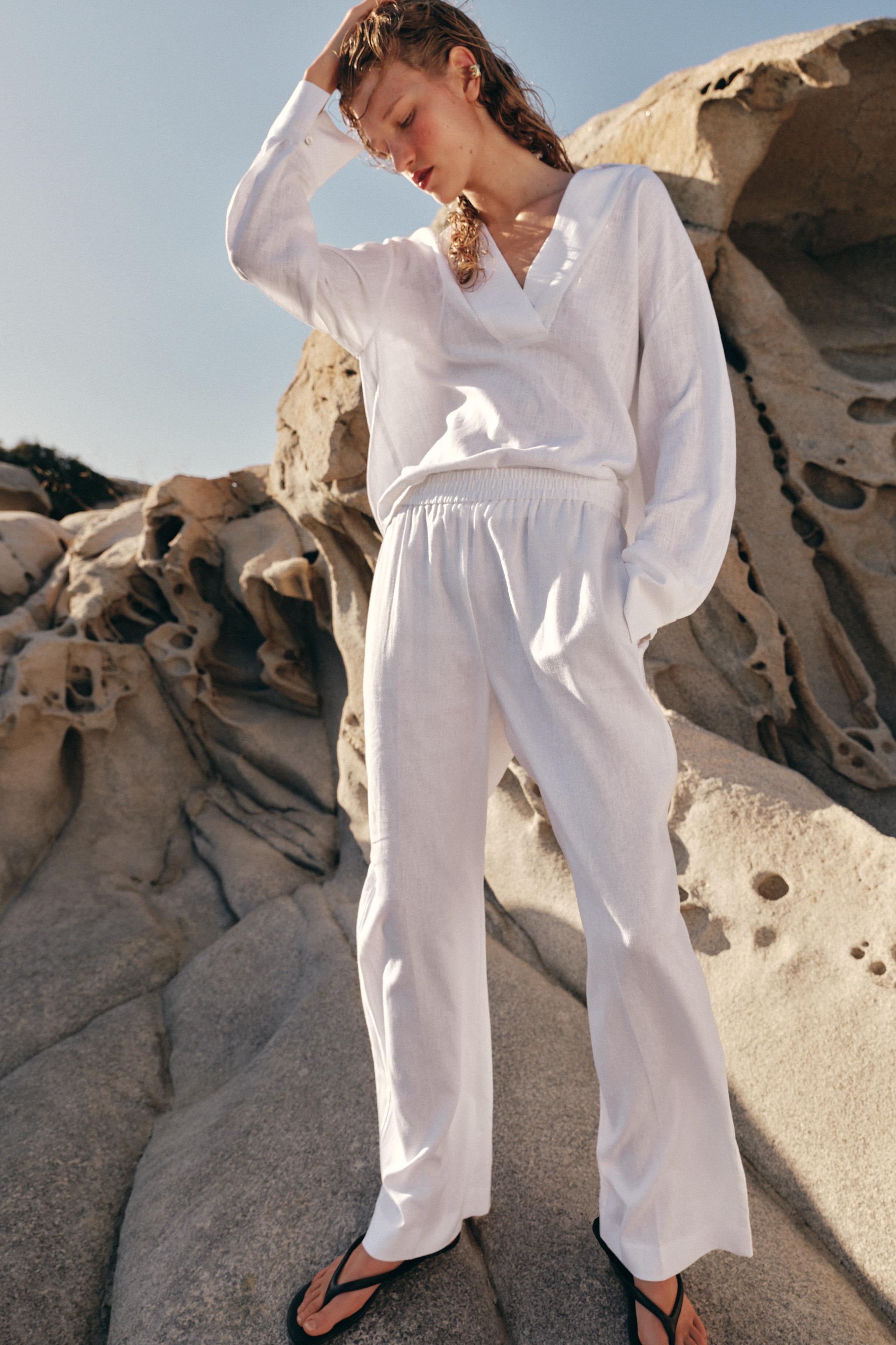 LINEN STRAIGHT LEG PANTS — Oyster-white
