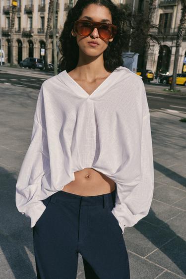 LINEN BLEND SHIRT WITH PUFF HEM - White by Zara - Image 1