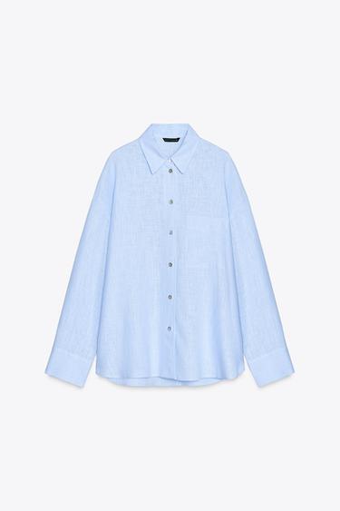 Zara 加大碼亞麻混紡襯衫 - 淡藍色