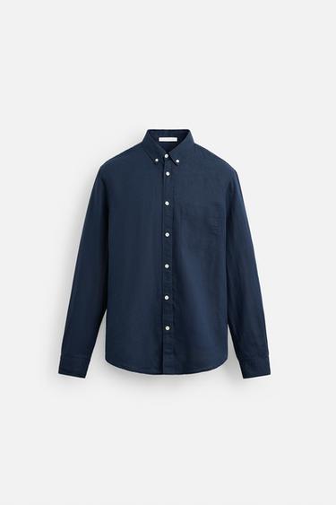 Zara LINEN - COTTON SHIRT - Navy blue