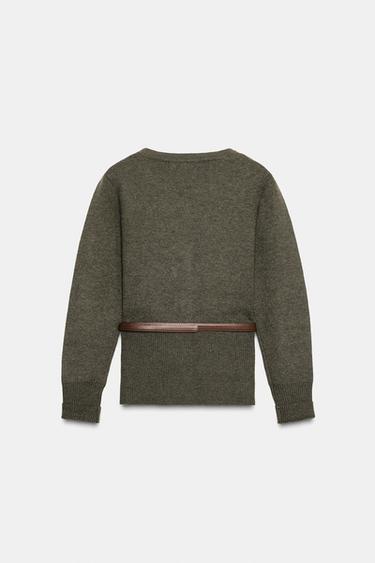 DIAMOND KNIT CARDIGAN WITH BELT - Dark khaki by Zara - Image 2