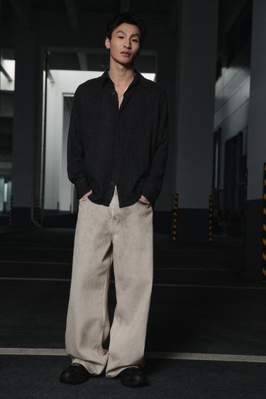 Zara 寬鬆刷白吊襠牛仔褲 - 磨白色