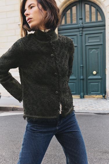 STRUCTURED FRAYED CARDIGAN — Mid-green 1