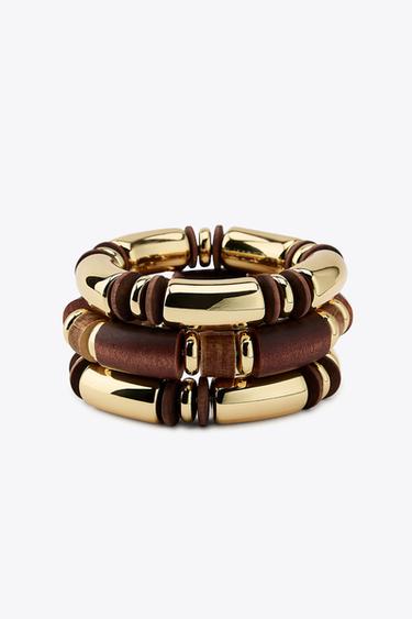 PACK OF 3 ELASTICATED WOODEN BRACELETS - Golden by Zara