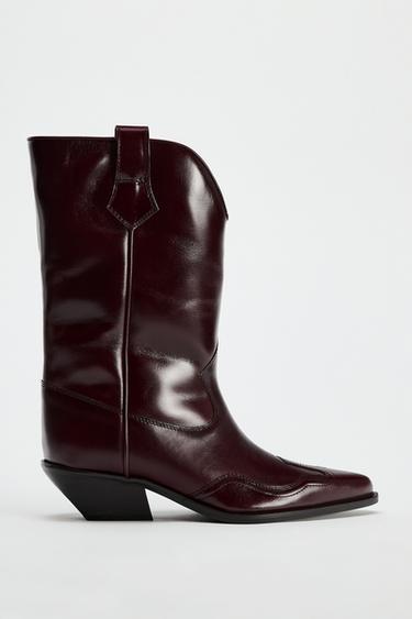 LEATHER COWBOY BOOTS - Burgundy Red by Zara