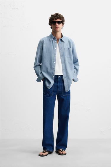 Zara 錢布雷紋理襯衫 - 淡藍色 - 圖片 0