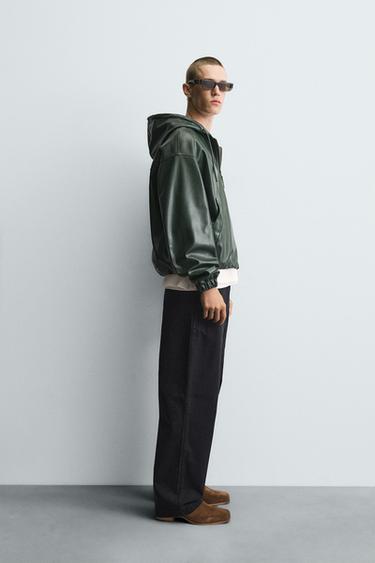 HOODED LEATHER EFFECT JACKET - Green by Zara - Image 3