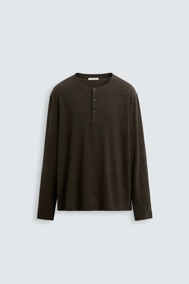 COTTON-LINEN T-SHIRT WITH BUTTON NECK - Dark green by Zara