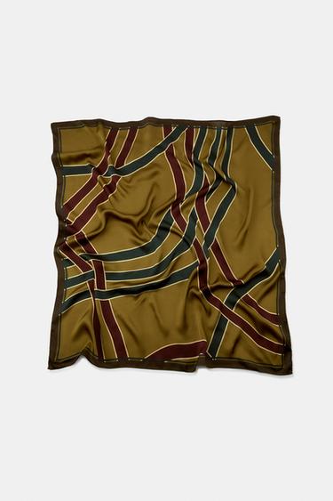 Zara 100% VISCOSE PRINTED STRIPED SCARF - Olive green