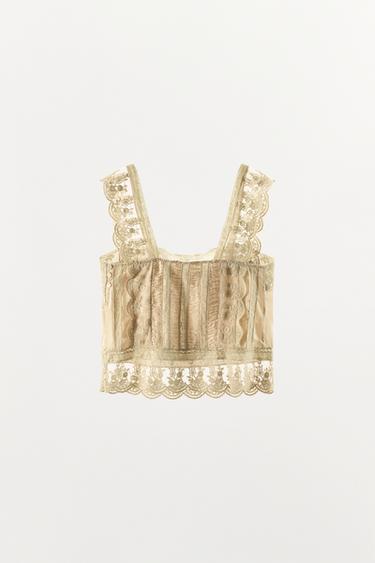 SATIN TOP WITH PLEATS AND LACE - Oyster-white by Zara - Image 3