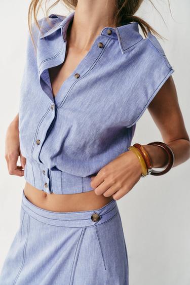 LINEN BLEND TOP WITH TOPSTITCHING - Light blue by Zara