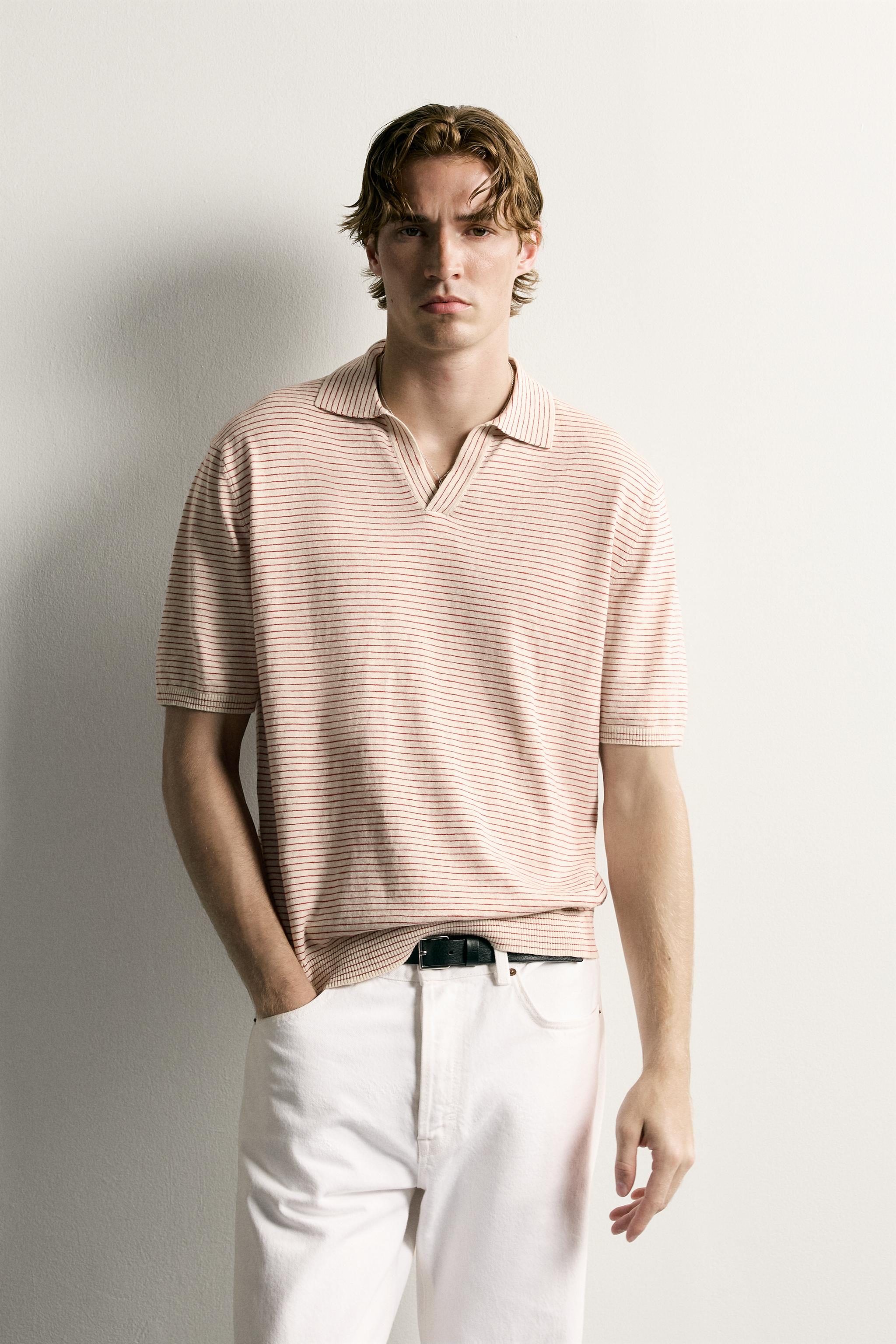 STRIPED JACQUARD KNIT POLO — White / Red