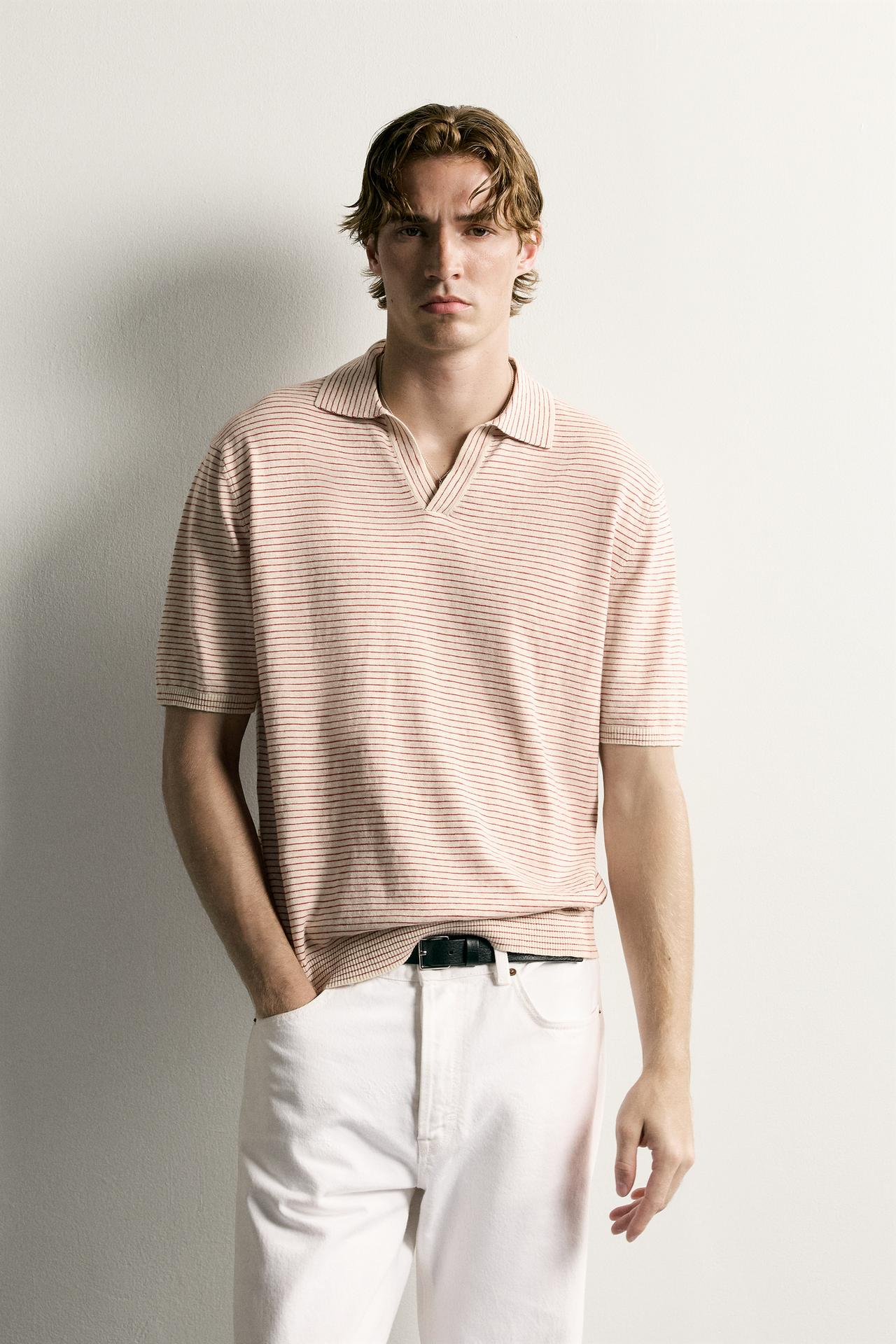 STRIPED JACQUARD KNIT POLO — White / Red