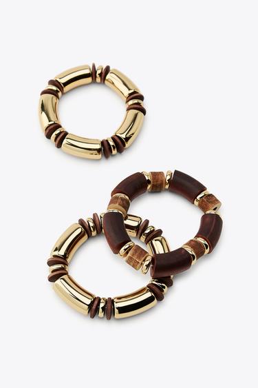 PACK OF 3 ELASTICATED WOODEN BRACELETS - Golden by Zara - Image 4