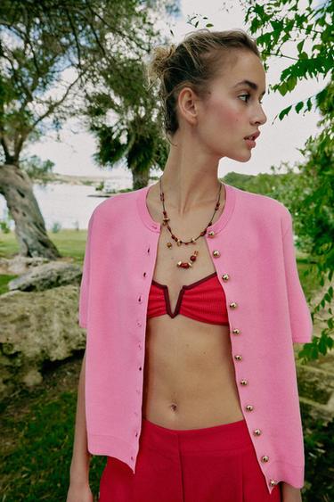 SHORT SLEEVE KNIT CARDIGAN - Pink by Zara