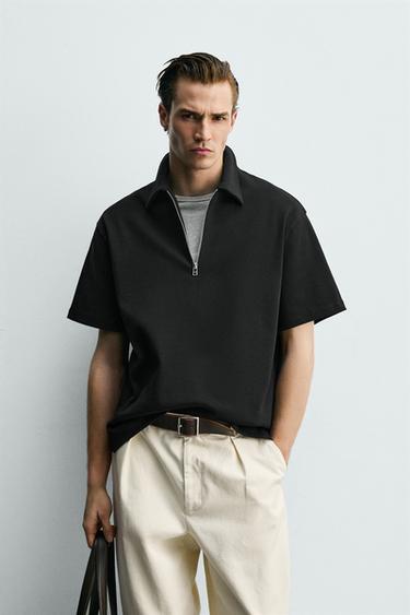 RELAXED FIT POLO SHIRT WITH ZIP - Black by Zara