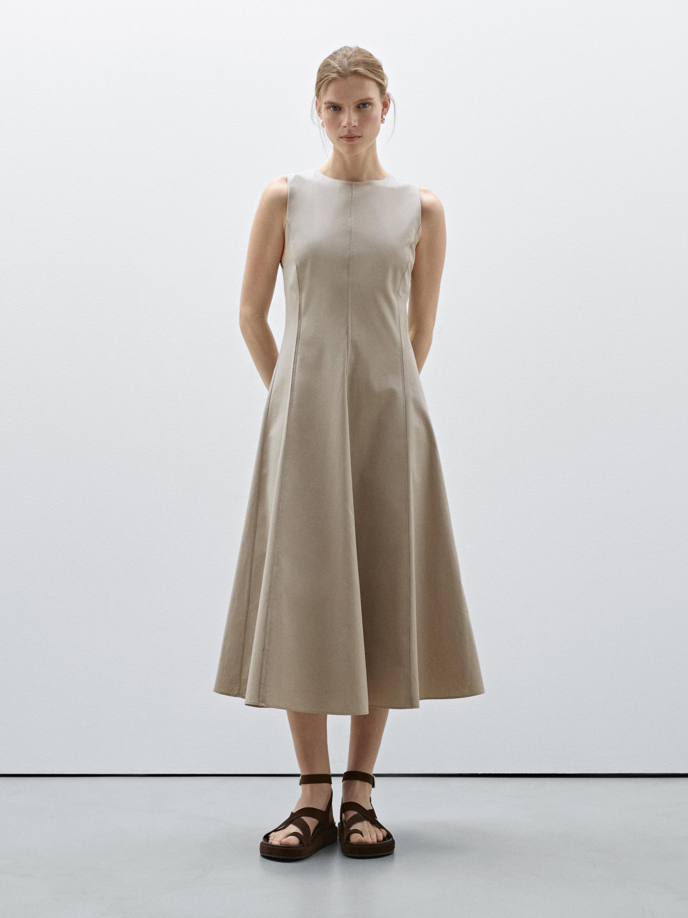 Poplin flounce midi dress - Sand | ZARA United States