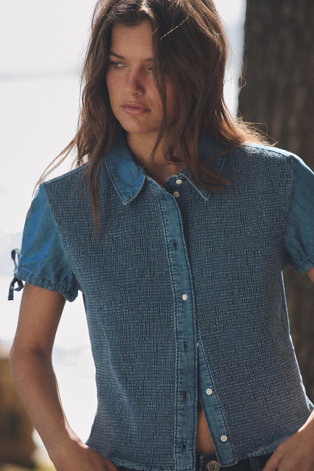 SMOCKED DENIM SHIRT - image 2