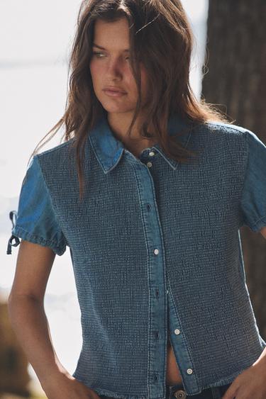 CHEMISE EN DENIM NID D'ABEILLE - Indigo de Zara - Image 1
