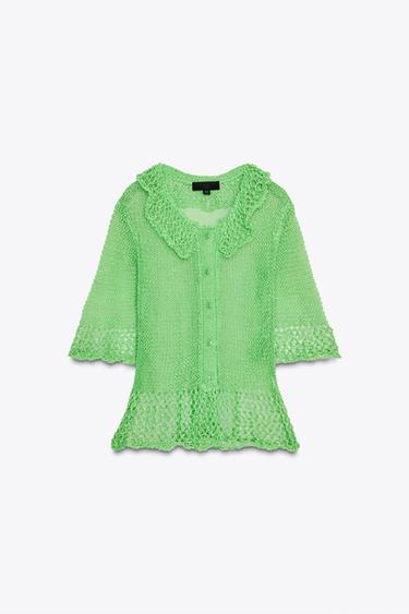 GILET EN MAILLE OUVERT MANCHES COURTES - Vert de Zara - Image 5