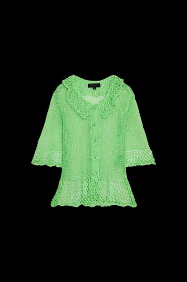 Zara SHORT SLEEVE OPEN KNIT CARDIGAN - Green - Image 0