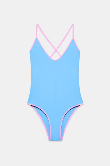 Zara 撞色飾帶素面泳裝 - 天藍色